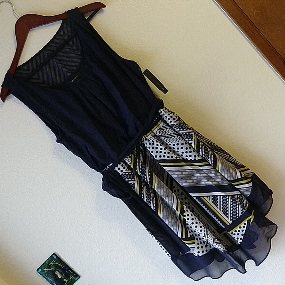 AB Studio Hanky Hem Sheer Layered Navy Blue Sleeveless Dress L